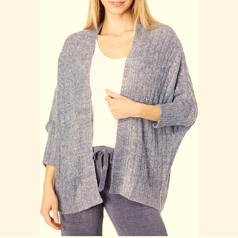 Barefoot Dreams Cozy Chic Lite Cable Shrug Pacific Blue Ribbed Cardigan-L/XL